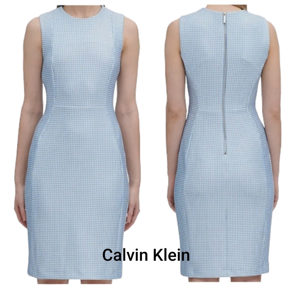 Nwot Calvin Klein Blue/White Gingham Sleeveless Midi Scuba knit Sheath Dress